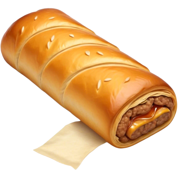 cinematic-realistic-sausage-roll-dish-emoji,-depicted-with-a-crisp,-golden-pastry-wrapped-around-flavorful-sausage,-rendered-with-detailed-textures-wrapped ina. plastic wrapper unrapped - and-appetizing-lighting emoji