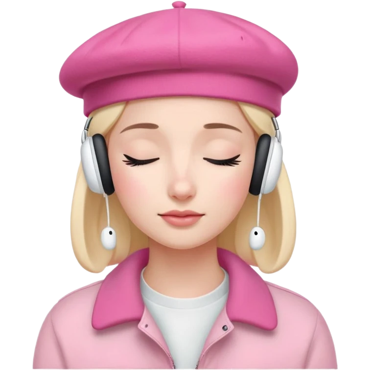 girl wearing a pink beret and AirPods Max headphones, listening to music with closed eyes emoji