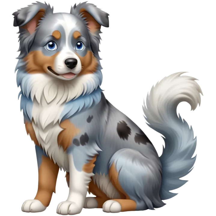cinematic-[australian shepherd dog]-realistic-full-body-sitting-emoji,-tail-resting-loosely-beside-its-paws,-head-tilted-dramatically,-scruffy-[blue merle]-fur,-simplified-yet-realistic-focused-features,-highly-detailed,-glowing-with-an-almost-sarcastic-glow blue eyed emoji