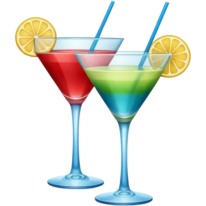 Create two emoji of clear red blended yellow cocktail, cheers with blue blended green cocktail, without any fruit, without skewers, without tube emoji