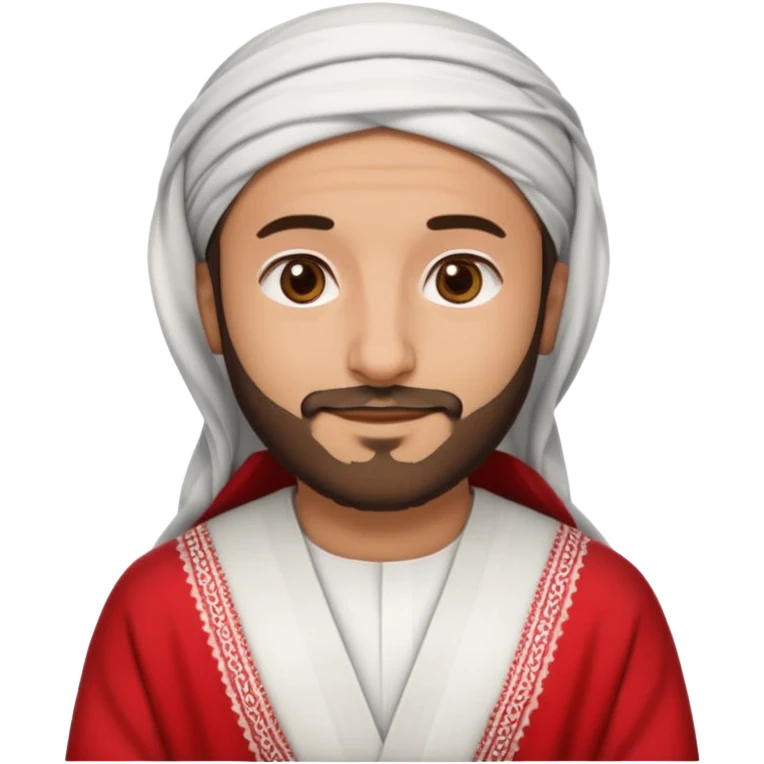 detailed iPhone-style emoji of a Saudi man with round cartoon face, short beard, brown eyes, gentle smile, wearing white thobe, red-and-white shemagh, black agal, both hands gently crossed over chest emoji