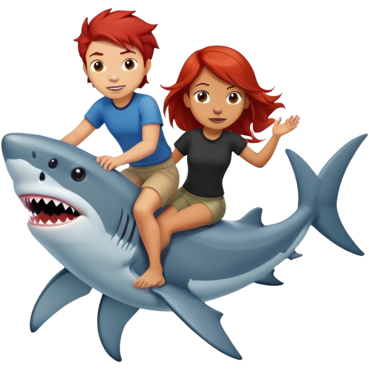 Red hair girl and dark hair boy riding a shark emoji