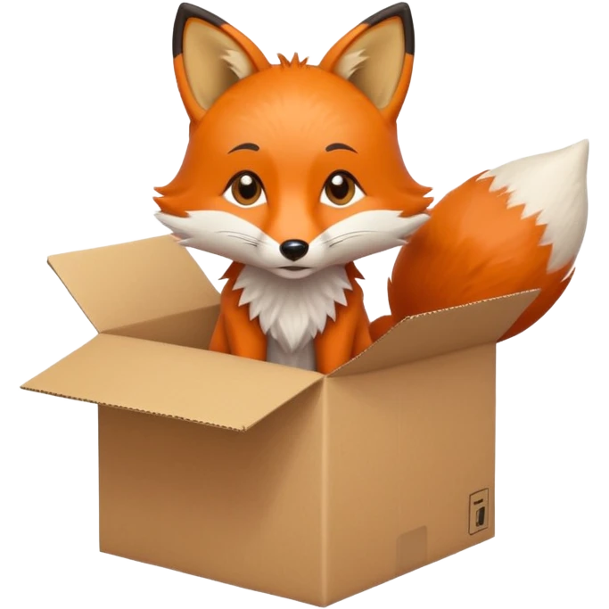fox sitting upright in a cardboard box with a playful face emoji