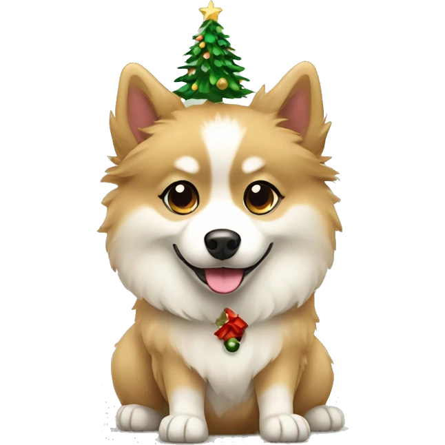 Tan Cute Pomsky dog with Christmas tree emoji