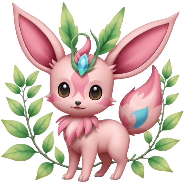 Rosy floral romantic cute pastel Eevee-Sylveon-Celebi-Leafeon-Pokémon-Digimon-Fakémon-hybrid-fusion-creature with vines entangled around emoji