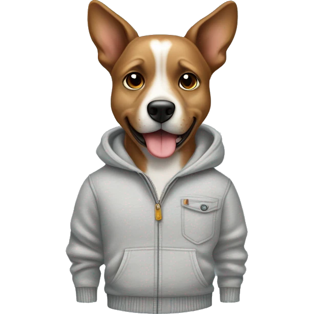 The dog is dressed in casual clothing, including a light gray sweater, light blue jeans, and white sneakers with brown soles. hands tucked into its pants’ pockets,. upward.confidence or a relaxed attitude, with one eyebrow slightly raised. emoji