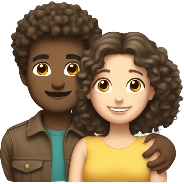 white curly head boyfriend and girlfriend hugging  with brunette hair  emoji