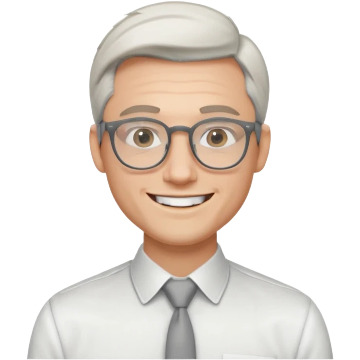 30 yr old pale white man, white/grey side swept stylish hair, round glasses, big smile, white teeth, handsome, longer hair, thin glasses, white dress shirt, smooth forhead emoji
