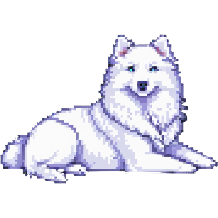 A pixel art Samoyed dog, lying down, facing right, white fur, black eyes, relaxed pose, simple background. emoji