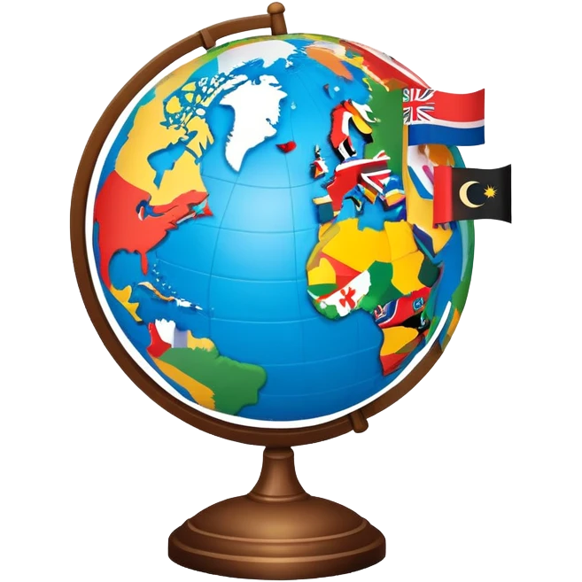 An icon featuring a globe with location pins, open maps, and landmarks from different countries, symbolizing area studies. The design includes cultural symbols, flags, and geographic features to represent diverse regions. Transparent background. emoji