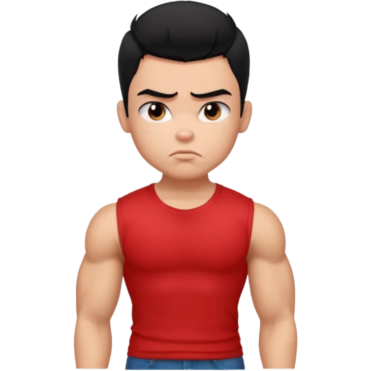 a pretty bratz boy with black hair and a red tshirt, big biceps looking sad emoji