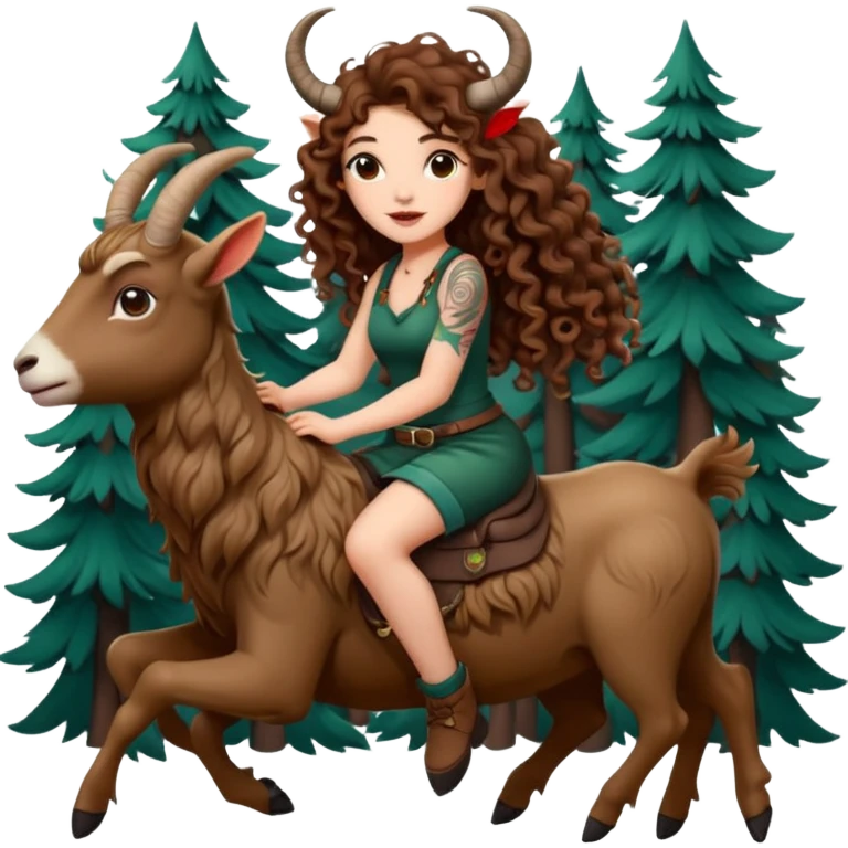cute woman long curly brown hair tattoos riding forest goat emoji