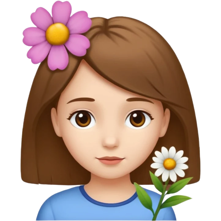 Ein braunhaariges Mädchen (glatte Haare ) mit einen Blume hinter dem ohr lange haare zur Seite kuckend Blume hinter dem rechten Ohr so das man es sieht zur Seite schauen soll das Mädchen also sieht man das Mädchen von der rechten Seite  emoji