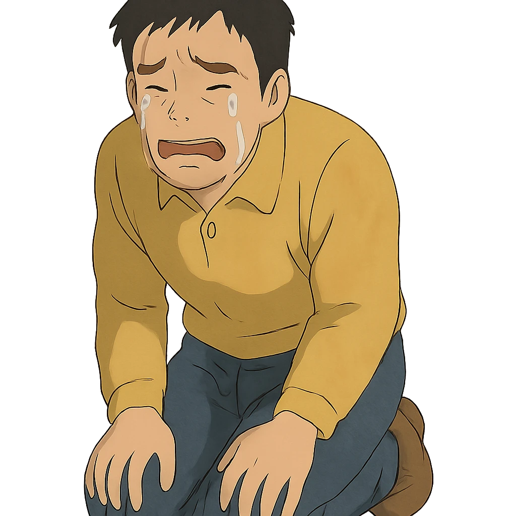 ghibli style illustration of a sad Asian man kneeling and crying emoji