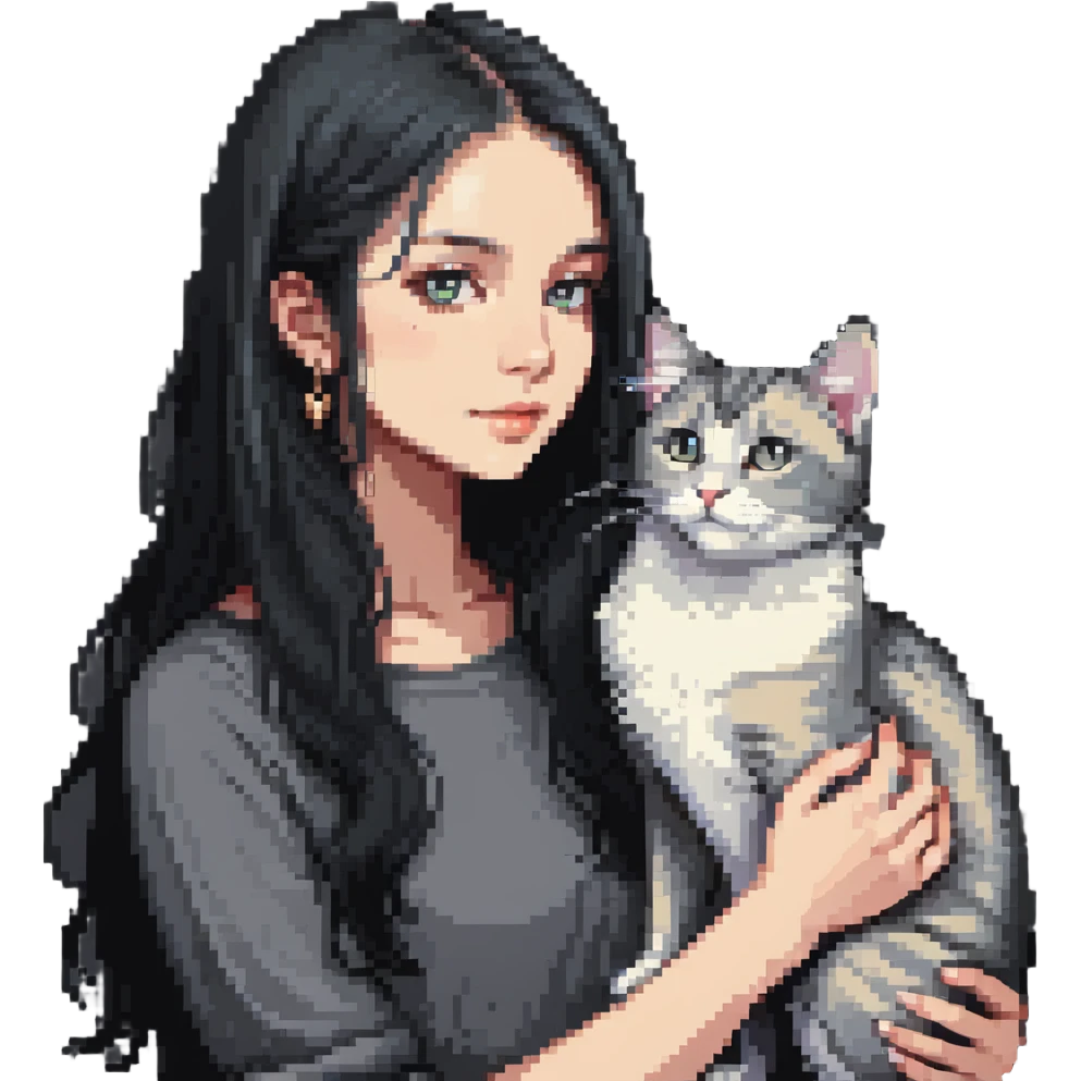 Beautiful girl with long black hair petting a gray and blonde mixed cat emoji