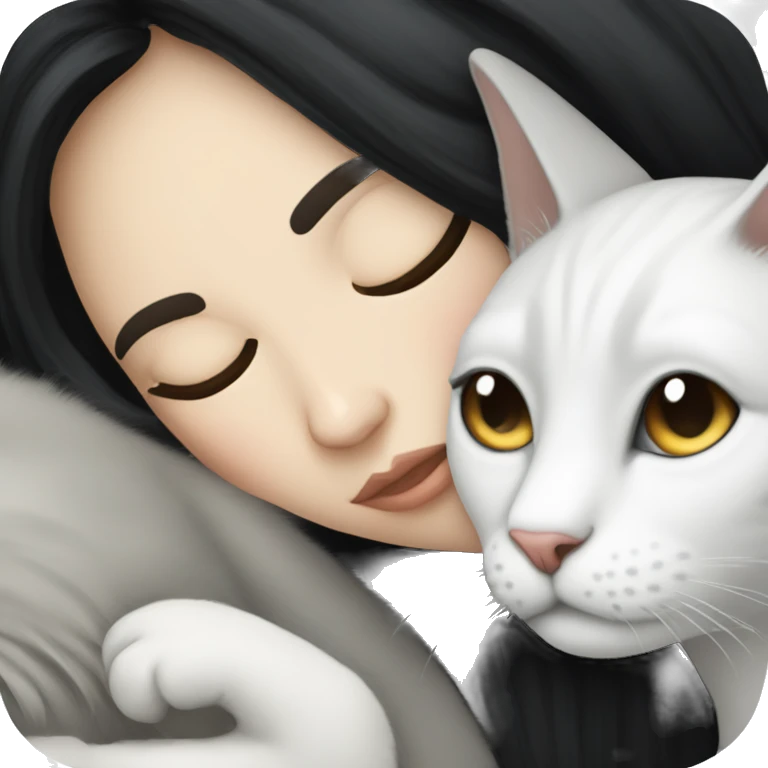 A pretty white girl with very long black hair and sleeping curled up to a white cat  emoji