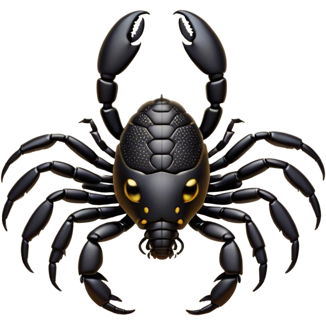 Cinematic Cute Emperor Scorpion Portrait Emoji, Head tilted playfully and inquisitively, with a compact, rugged build and a sleek, dark exoskeleton highlighted by delicate, intricate patterns and round, sparkling eyes full of curious defiance, Simplified yet irresistibly adorable features, highly detailed, glowing with a warm, friendly glow, high shine, affectionate and quirky, stylized with a touch of desert whimsy, soft glowing outline, capturing the essence of a mischievous yet endearing scorpion that feels like it could pinch its way out of the screen into your arms! emoji