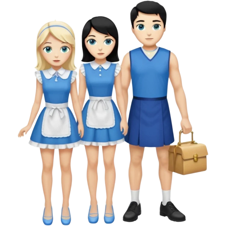 King, black hair, body, legst, blue eyes, blue garmont,  shoes, blonde maid, green eyes, sexy short sleveless White dress, shoes emoji