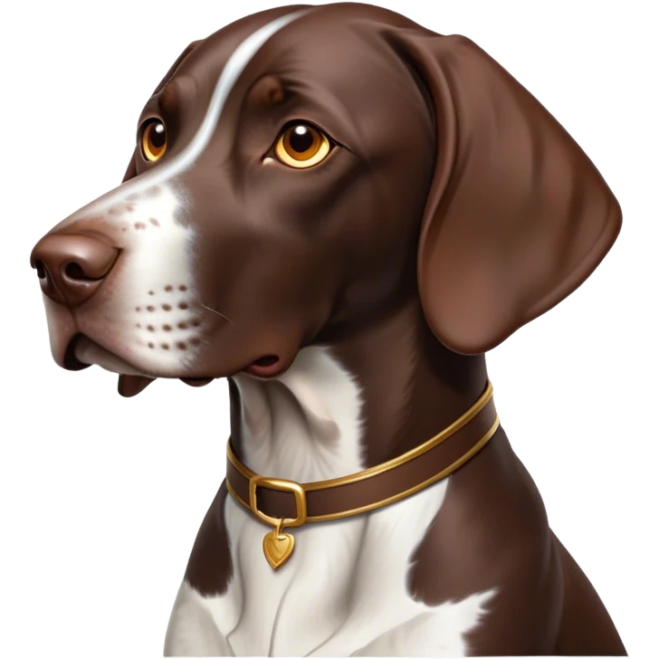 Cinematic Noble German Pointer Portrait Emoji, Poised and regal, with a lean, athletic build and a sleek, short coat in liver and white, deep-set soulful brown eyes, Simplified yet sharp and sophisticated features, highly detailed, glowing with a soft, dignified glow, high shine, intelligent and driven, stylized with an air of determination, focused and attentive, soft glowing outline, capturing the essence of a watchful and commanding hunter, so majestic it feels as though it could sprint out of the screen with effortless authority! emoji