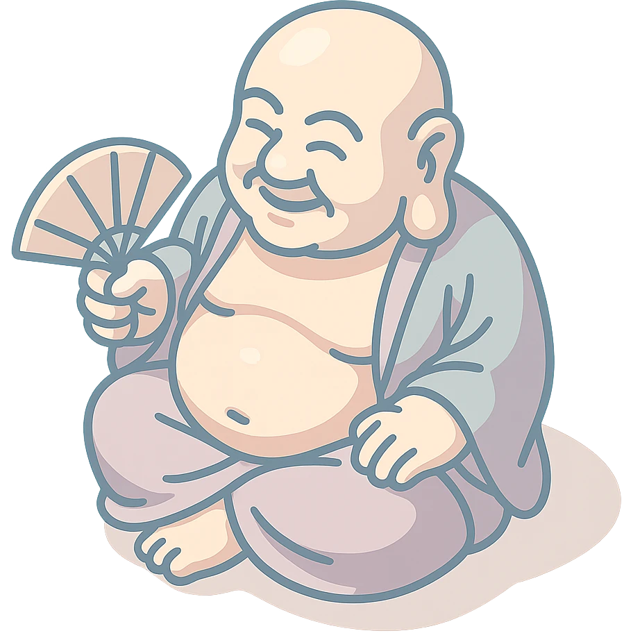 Hotei with a fan, 2D isometric style, clean lines, sharper angles, high detail, pronounced shadows and highlights, minimalist eastern accent, pastel palette #98B5BC, #B5B3C1, #C9A3C9, #E4C0CA, #F7DCD1, #F7C0AA, transparent background emoji