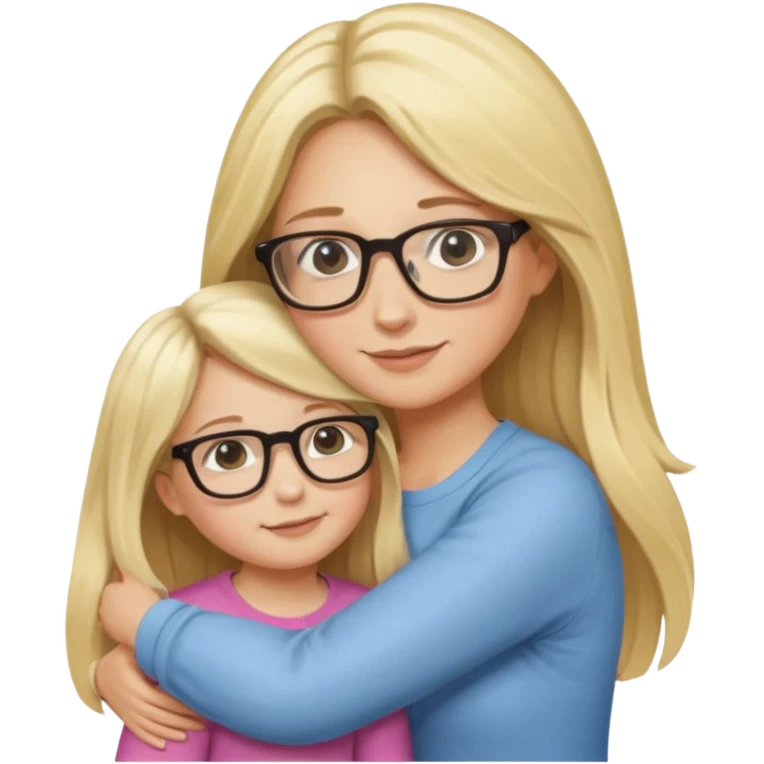 je voudrai un emoji d'une maman blonde avec des lunettes et de sa fille aux cheveux longs et blonds avec des lunettes qui fond un calin, les 2 ont les cheveux longs emoji