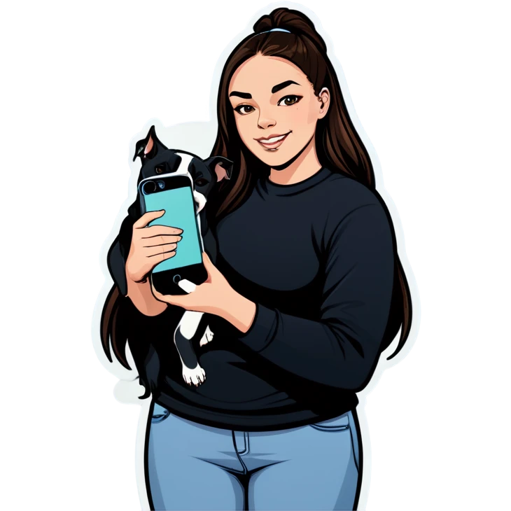 Beautiful young girl, slightly overweight with long dark hair that’s choppy cascading over her shoulders as she holds her black iPhone, and she has her beautiful dog mix of a pitbull with an under bite standing beside her emoji