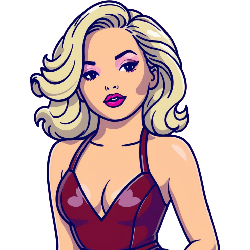 gorgeous woman with platinum wavy blonde hair with big puffy pouting burgundy lips, makeup, wearing a pink leather dress with cleavage, swaying her hips emoji