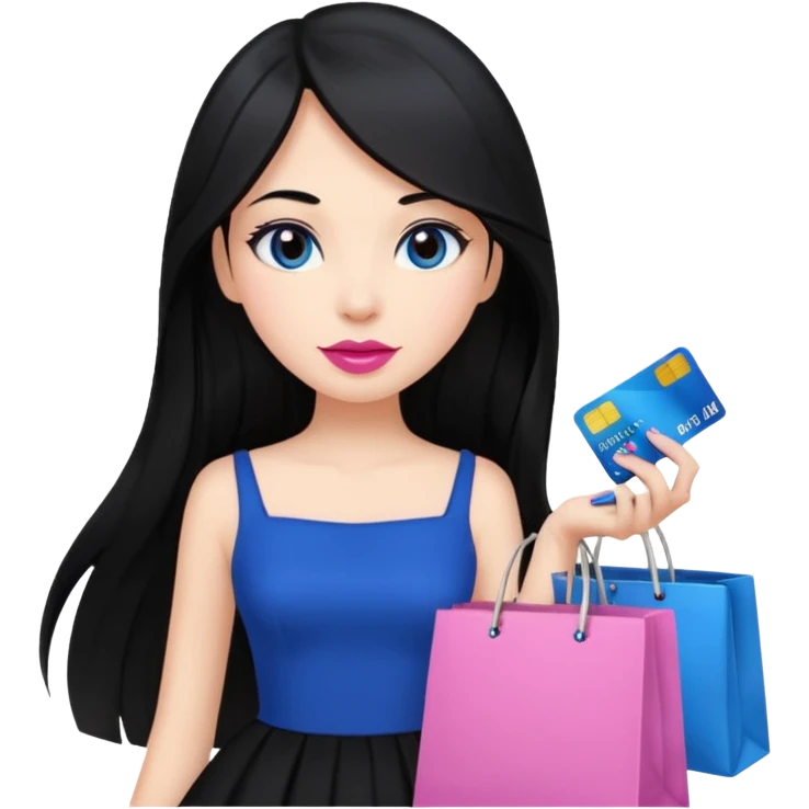 Girl with long black hair, pink lipstick, brown eyes holding shopping bags and blue credit card and wearing a black dress  emoji