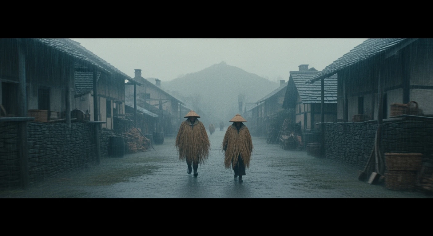 A cinematic scene from 1185, motion blur, wide shot of a rainy village, two figures in straw raincoats approach a hill, symmetrical, gray-blue palette, tense, Arri Alexa, Wes Anderson. emoji