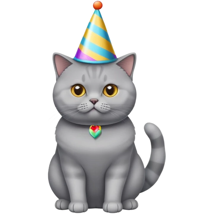 British Shorthair cat full body sitting with a party hat emoji