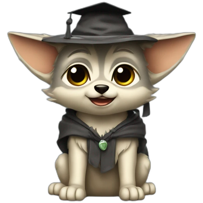 cuty wolf whole body sitted similar to baby yoda with a university mortarboard emoji