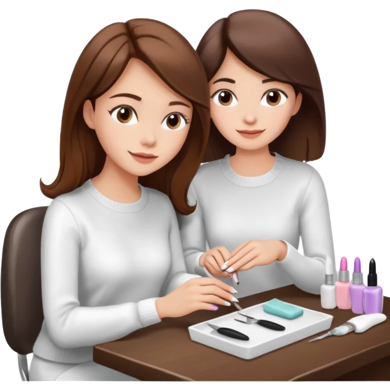 A realistic illustration of a girl with medium-length thick brown hair sitting at a manicure table. Another girl is carefully doing her nails, using professional manicure tools. Soft natural lighting, clean salon environment, detailed hands and nail work, warm and pleasant atmosphere. emoji