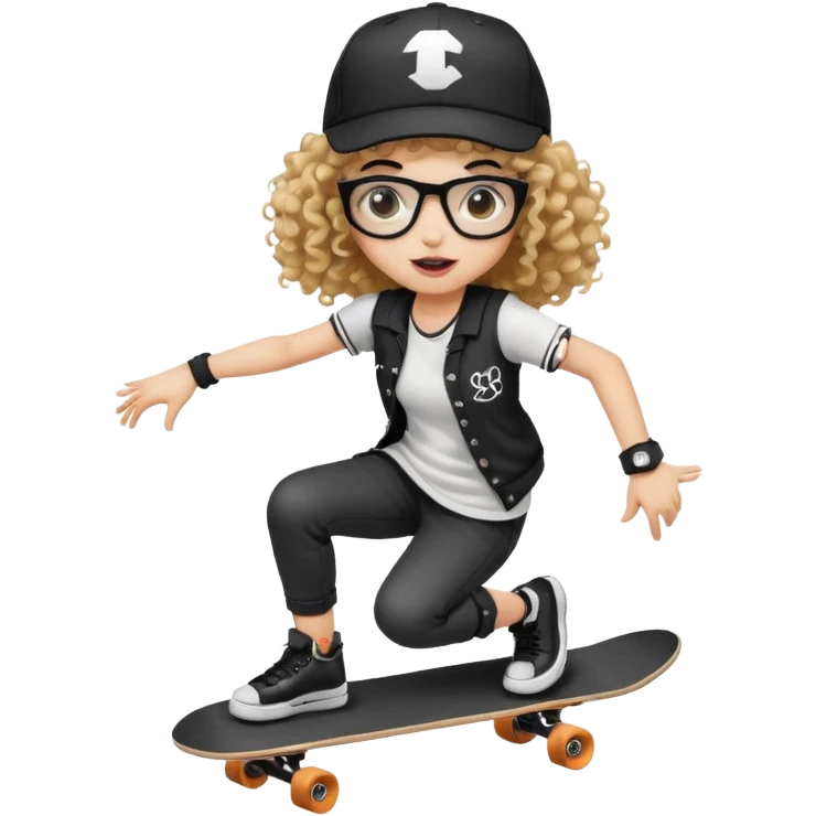 ["An excited girl with light skin, curly hair, wearing a baseball cap and square glasses, dressed in goth fashion, is skateboarding while holding a camera."] emoji