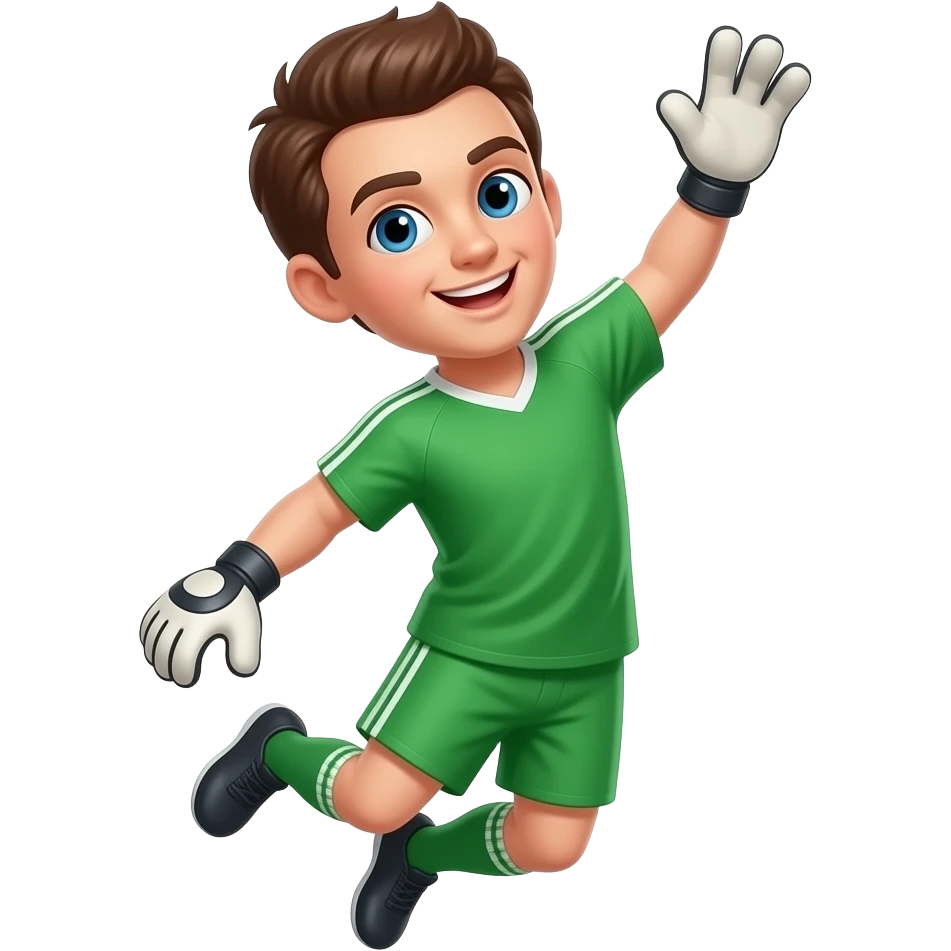 faça umgoleiro de camiseta verde, short conza, olhos azuis, cabelo marron, sorrindo e se jogando para a direita, deixando o corpo inclido para a direita em um pulo e com a mão para o alto a direita  não quero bola na imagem emoji