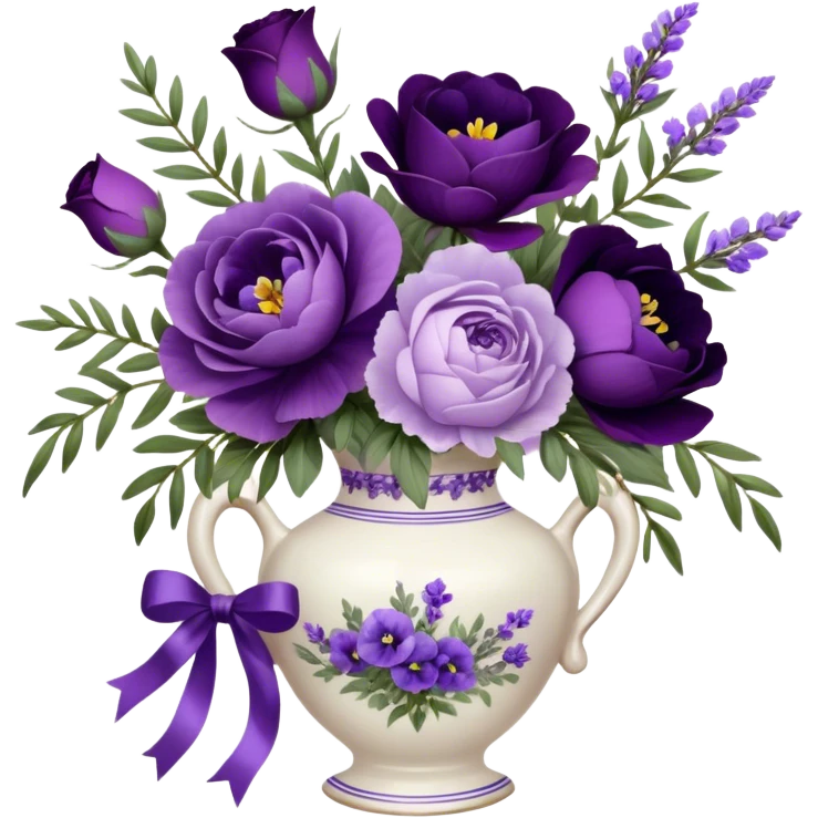 A dainty porcelain vase, hand-painted with delicate lavender pansies and deep purple roses, holds an elegant bouquet of amethyst-hued peonies, fragrant sprigs of wild lavender, and trailing silk ribbons, with a tiny heart-shaped charm dangling from its neck, swaying gently in the evening breeze.
 emoji