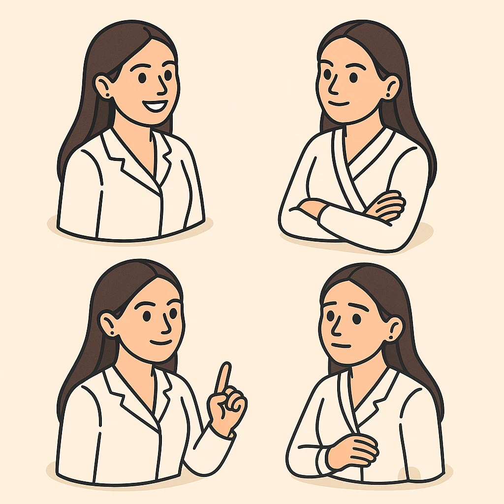 Edit the image of a female doctor with dark long straight hair and brown eyes, smiling, wearing a white medical coat. Create multiple variations with different poses and facial expressions in 2D isometric style with a minimalist background. emoji