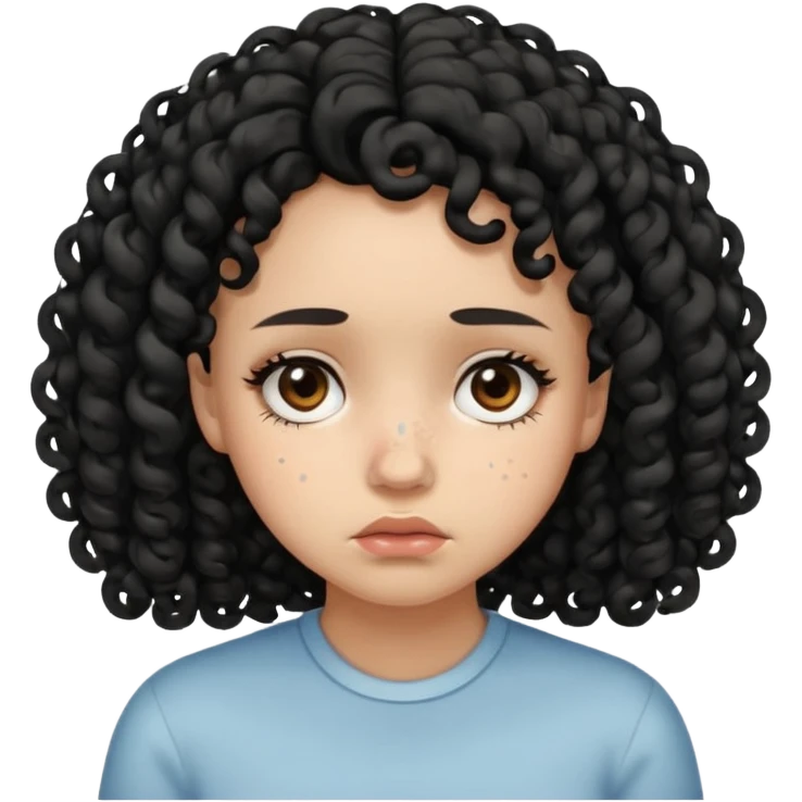 a girl with black curls sad and with acne in her face emoji
