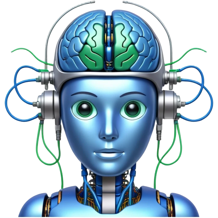 An icon featuring a humanoid robot, a neural network diagram, and a glowing brain, symbolizing artificial intelligence. The design includes binary code, a microchip, and data flow lines, representing machine learning, automation, and innovation. Transparent background emoji