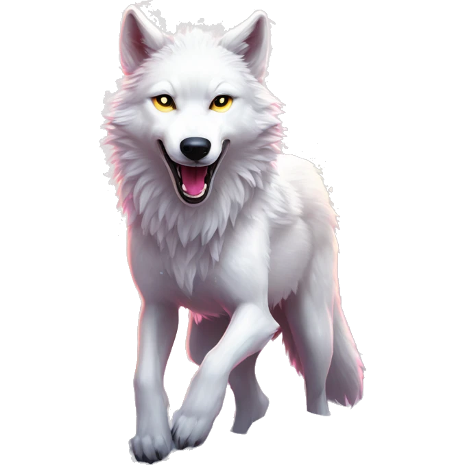 Sparkling crazy white aggressive wolf dancing snow mad big eyes illustration doodle high contrast lightning bolt halo sun beams white pink yellow red party sparkle glitter emoji