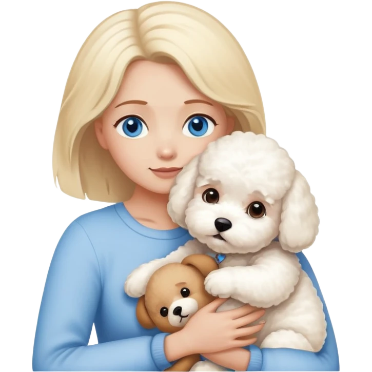 Blonde blue-eyed long-haired mother -hugs two dogs-a Bichon Frise- and- a Teddy emoji