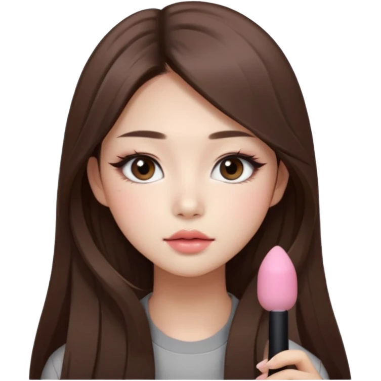“korean straight long brown hair Emoji girl, soft eyeliner and blush, gradient lips, light brown shimmer eyeshadow emoji