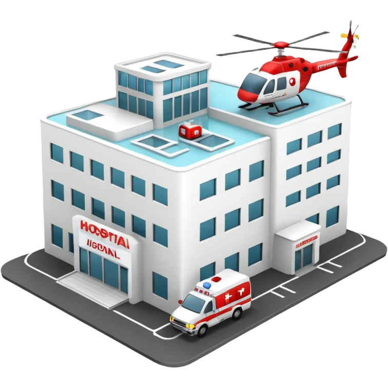 3d hospital outside, with text hospital, ambulance, helicopter , no background emoji