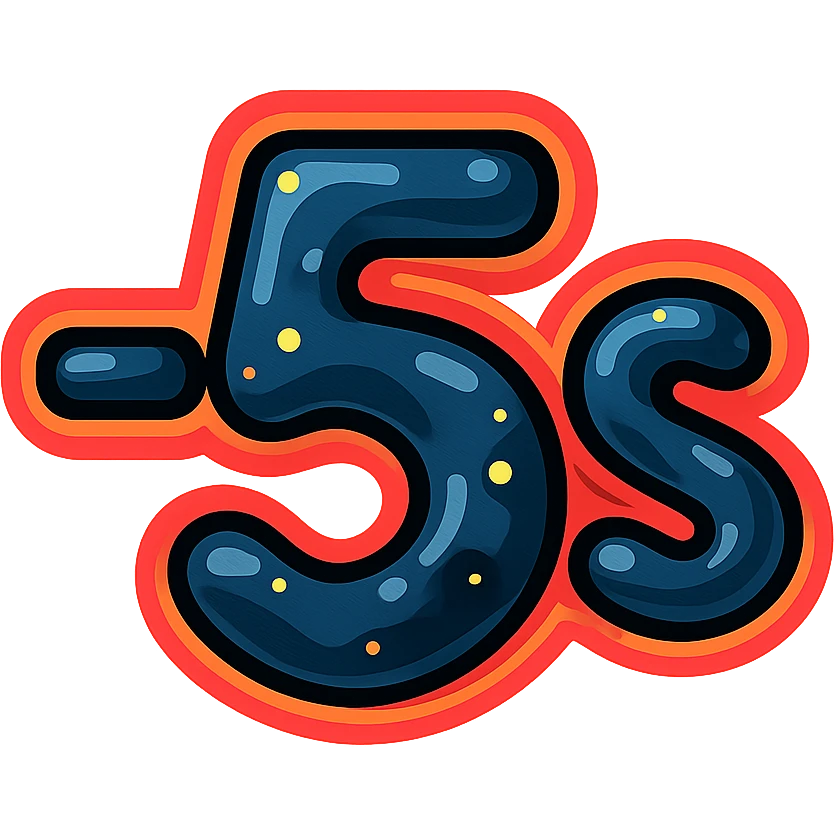 símbolo '-5s' con efecto de metal líquido cósmico oscuro, 's' en subíndice, borde de neón rojo oscuro, efecto animado de brillo y movimiento líquido emoji
