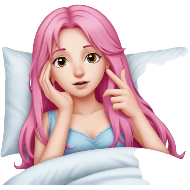 Young Woman with long pink hair In bed with hand up to nose  emoji