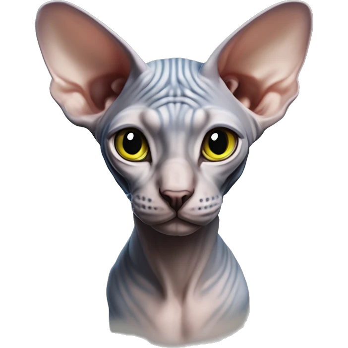   “Realistická sivá Sphynx mačka s nahou kožou, s výrazom naštvania, svetlo zelené prenikavé oči, veľmi detailné, výrazné a emocionálne.” emoji
