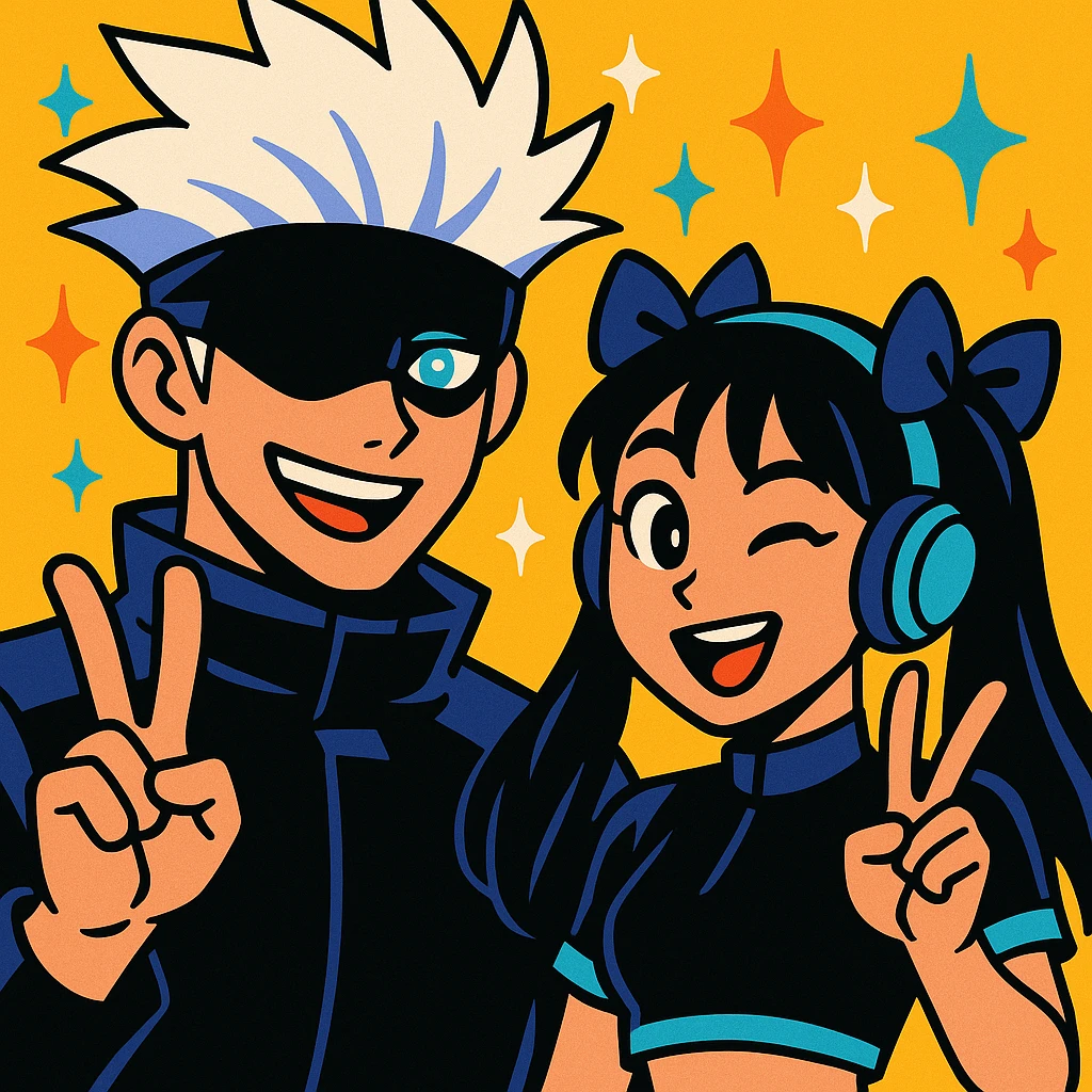 Gojo Satoru and his female protégé, both making peace signs, playful expressions, Gojo with black shades and icy-blue eyes, protégé with long black hair, twin bows, cropped black top with cyan accents, blue headphones, sparkly doodle background, in vibrant toon style emoji