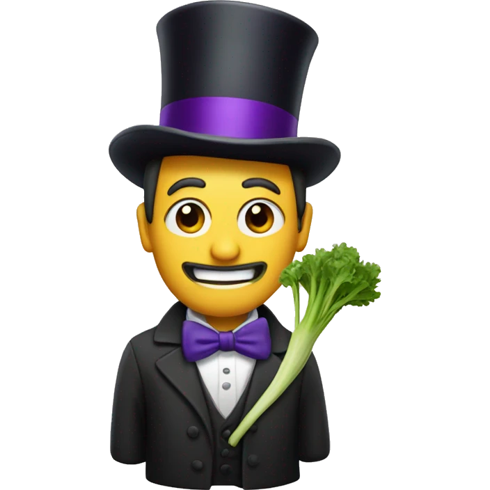 Man holding a leek with a top hat that has a purple band emoji