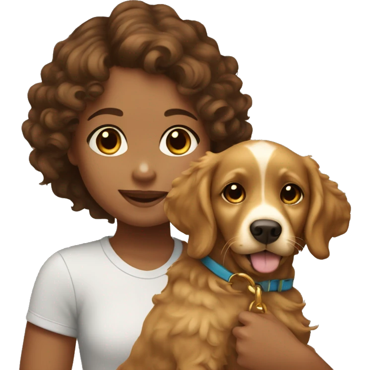 Tan skinned girl with  brown curly hair with a golden retriever puppy emoji