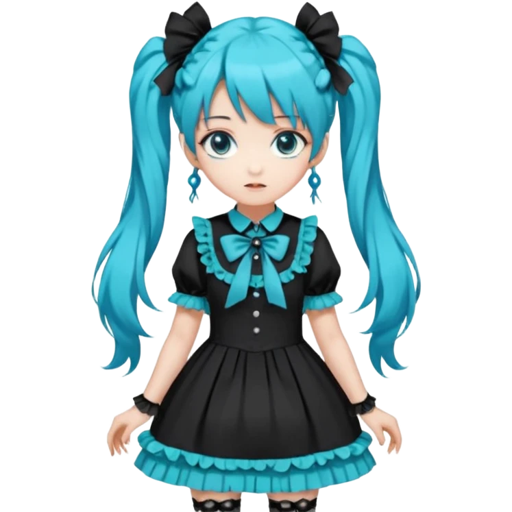 anime-style female character with bright turquoise hair styled in twin tails and matching blue eyes. Her outfit is a frilly turquoise and black dress in a Lolita-esque style, heavily contrasted with black ribbons and trim. A key detail is the prominent "AWP" logo printed in black on the chest, emoji