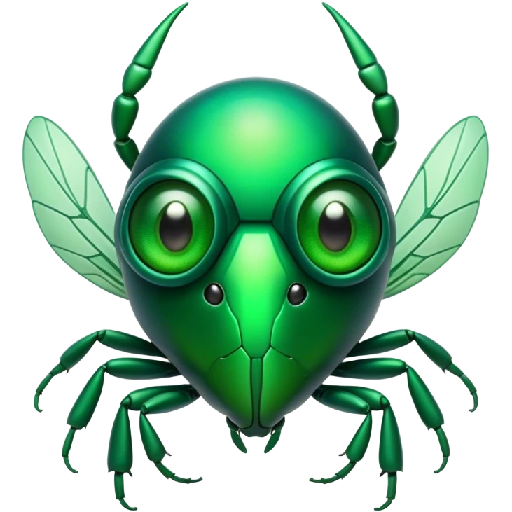 Cinematic Noble Green Bugdie Portrait Emoji, Poised and regal, with a tiny, delicate build and a vibrant, well-detailed emerald exoskeleton, deep-set soulful multifaceted eyes, Simplified yet sharp and sophisticated features, highly detailed, glowing with a soft, dignified glow, high shine, intelligent and alert, stylized with an air of miniature majesty, focused and attentive, soft glowing outline, capturing the essence of a watchful and confident insect, so majestic it feels as though it could scuttle out of the screen with effortless authority! emoji